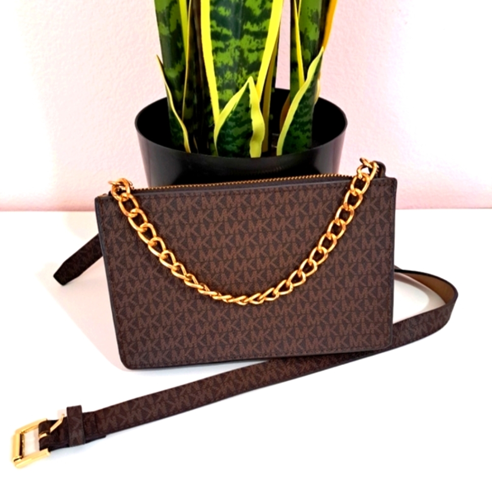 MICHAEL KORS Monogram Belt Bag with Pull gold tone chain sz Medium